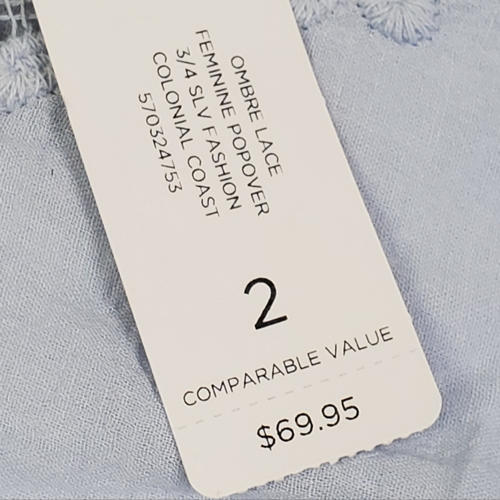 Chico's NWT Women's Blue Ombre Lace Trim Embroidered Boho Pullover Tunic Large - Picture 5 of 10